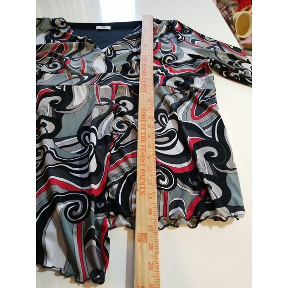 Cato Women's Plus 22W Top Faux Wrap Empire Waist 3/4 Sleeve Black Red Asymmetric - Picture 9 of 10